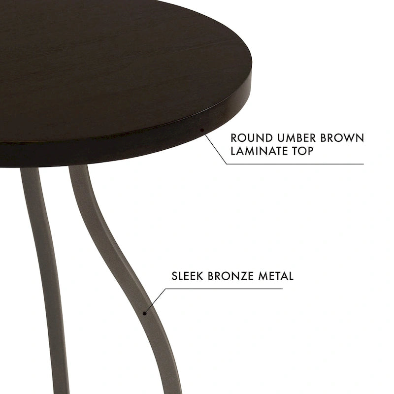 Table d'appoint ronde en bois à dessus marron/terre d'ombre/blanc avec base carrée en métal