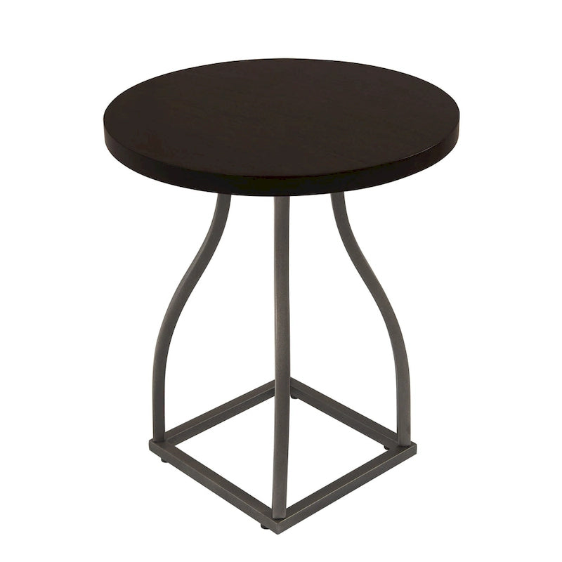 Table d'appoint ronde en bois à dessus marron/terre d'ombre/blanc avec base carrée en métal