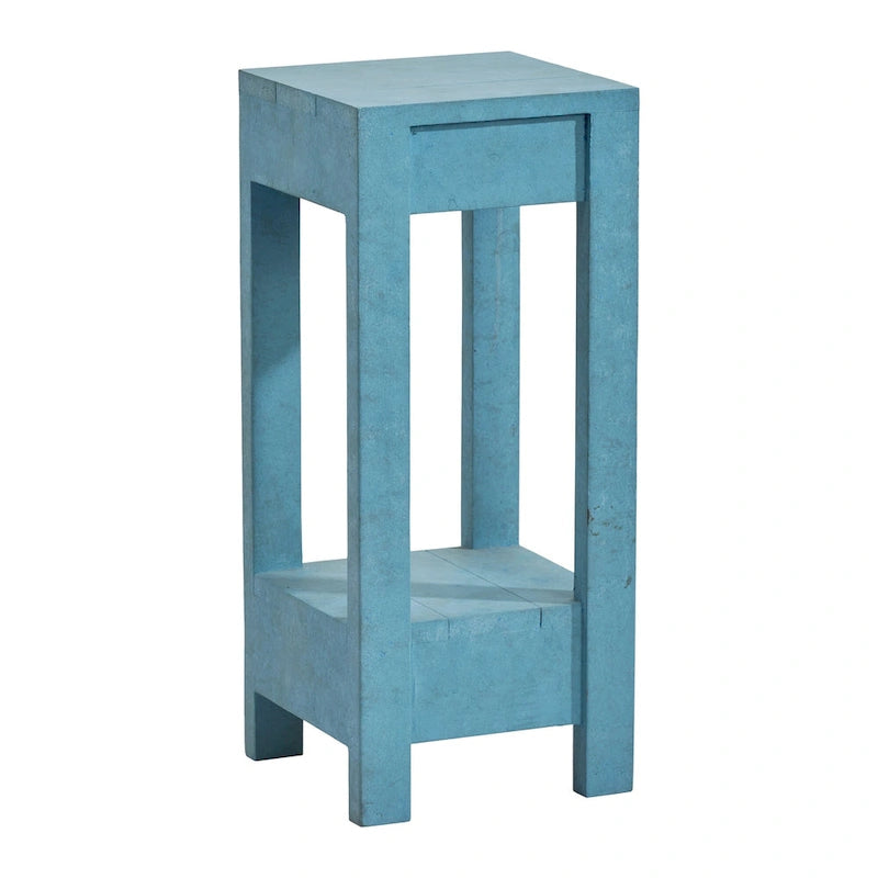 Table d'appoint / Table de chevet en bois massif carrée bleu-vert avec étagère ouverte, finition vieillie style vintage