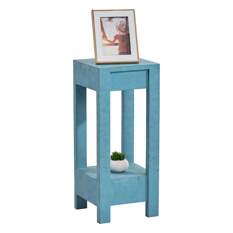 Table d'appoint / Table de chevet en bois massif carrée bleu-vert avec étagère ouverte, finition vieillie style vintage