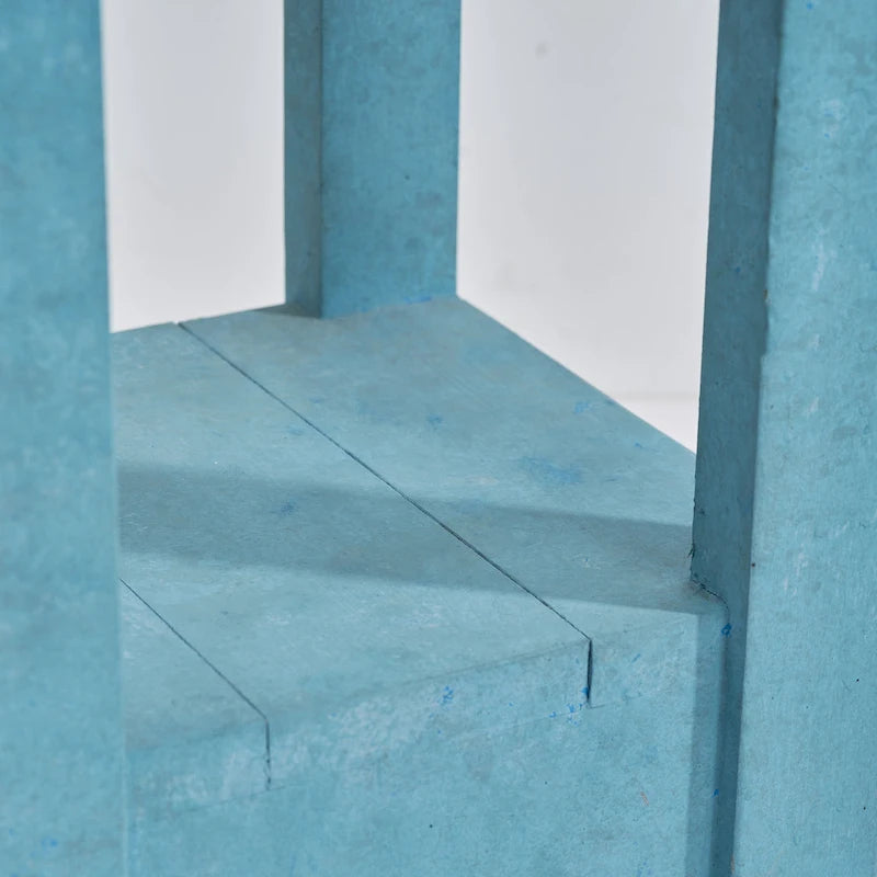 Table d'appoint / Table de chevet en bois massif carrée bleu-vert avec étagère ouverte, finition vieillie style vintage