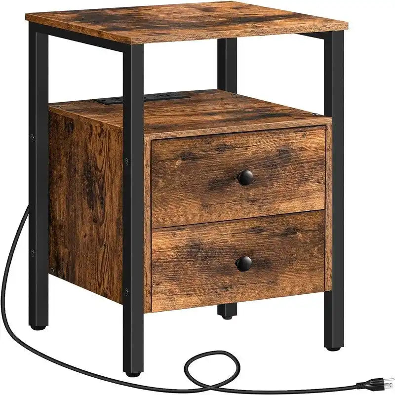 Table d'appoint marron rustique/doré blanc/greige avec station de charge, 2 tiroirs et 2 étagères ouvertes