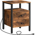 Table d'appoint marron rustique/doré blanc/greige avec station de charge, 2 tiroirs et 2 étagères ouvertes