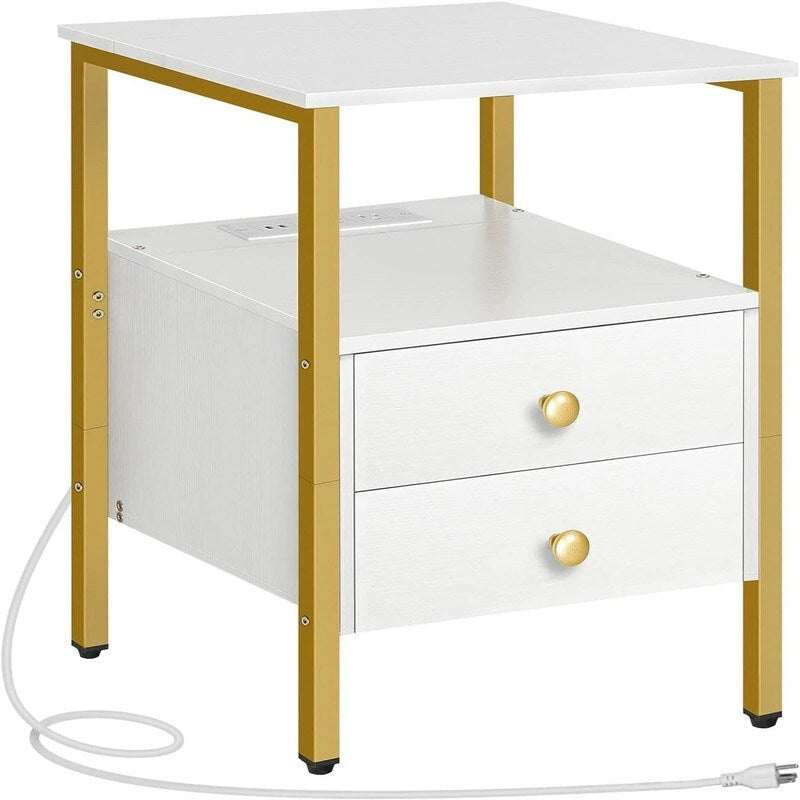 Table d'appoint marron rustique/doré blanc/greige avec station de charge, 2 tiroirs et 2 étagères ouvertes