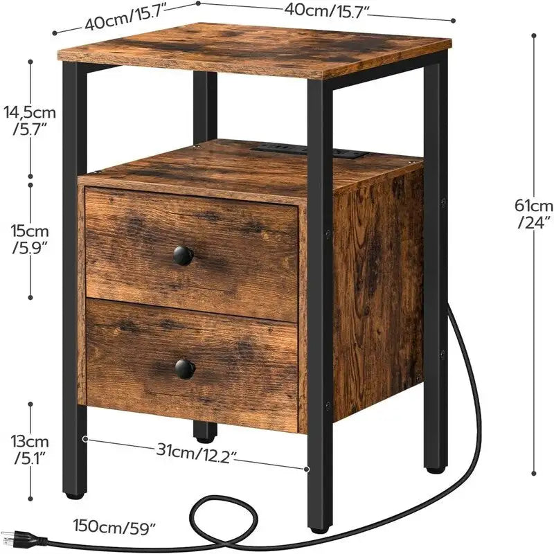 Table d'appoint marron rustique/doré blanc/greige avec station de charge, 2 tiroirs et 2 étagères ouvertes