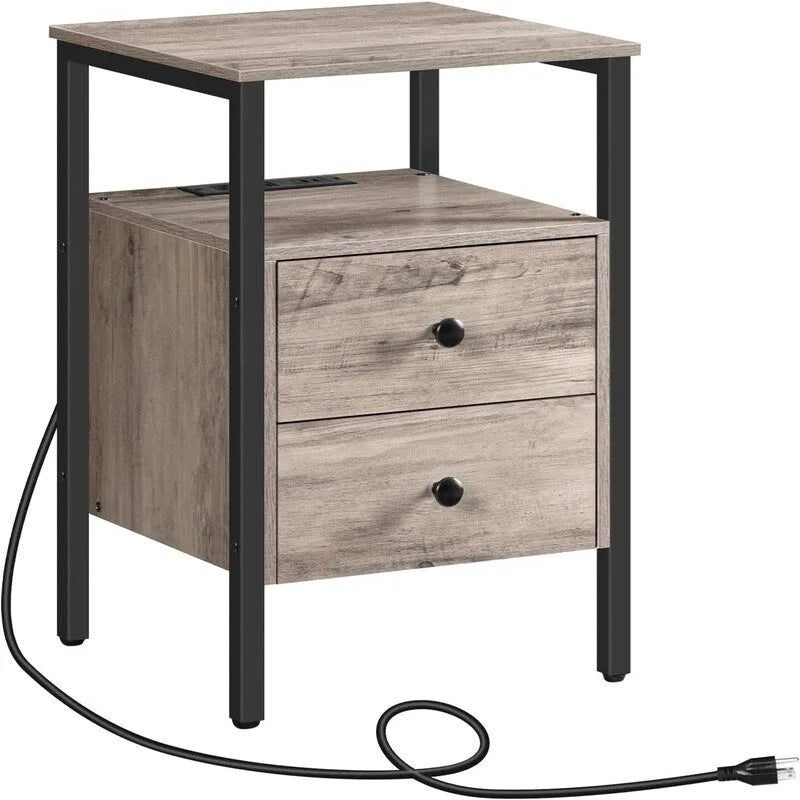 Table d'appoint marron rustique/doré blanc/greige avec station de charge, 2 tiroirs et 2 étagères ouvertes