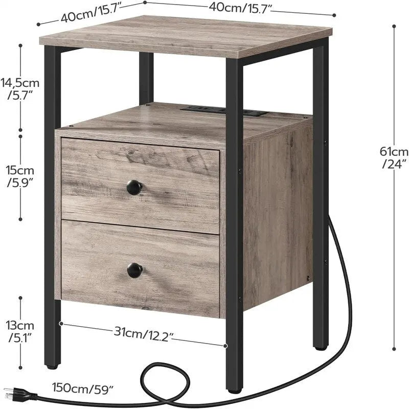 Table d'appoint marron rustique/doré blanc/greige avec station de charge, 2 tiroirs et 2 étagères ouvertes