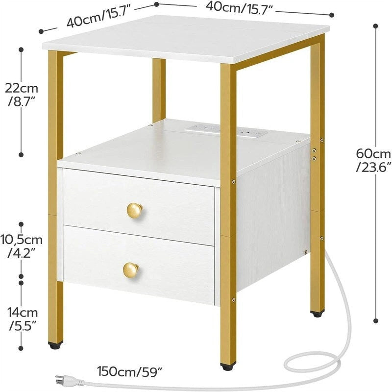 Table d'appoint marron rustique/doré blanc/greige avec station de charge, 2 tiroirs et 2 étagères ouvertes