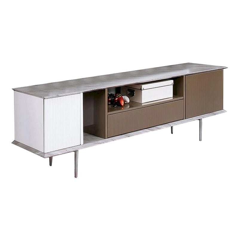 Meuble TV multimédia 1 tiroir, étagères ouvertes, détails côtelés et pieds effilés en acier, couleur Champagne/Blanc/Gris, 178 cm