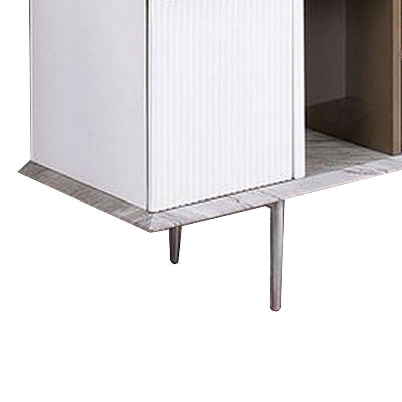 Meuble TV multimédia 1 tiroir, étagères ouvertes, détails côtelés et pieds effilés en acier, couleur Champagne/Blanc/Gris, 178 cm