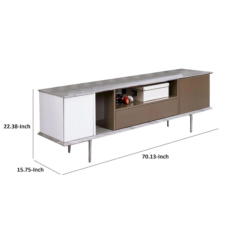 Meuble TV multimédia 1 tiroir, étagères ouvertes, détails côtelés et pieds effilés en acier, couleur Champagne/Blanc/Gris, 178 cm