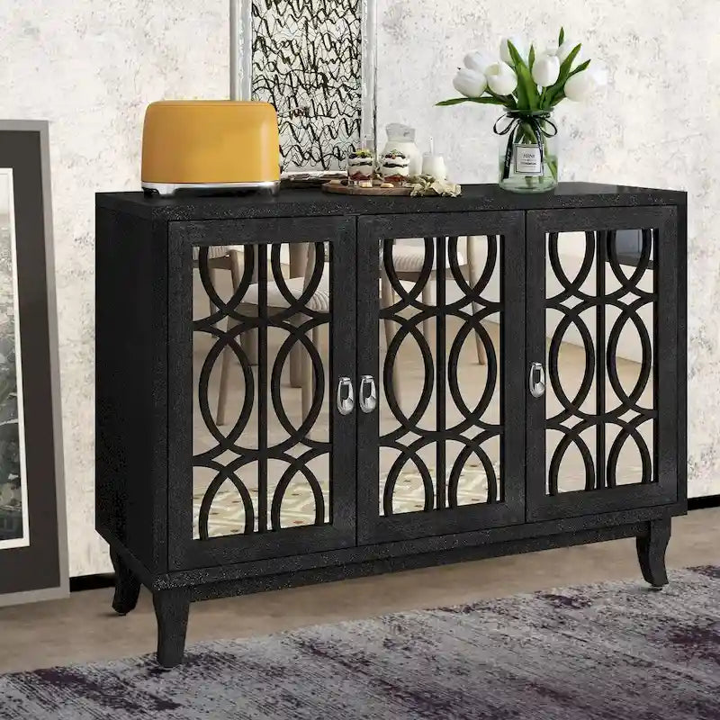 Vaisselier moderne noir/champagne/bois naturel avec 3 portes de placard miroir et pieds réglables