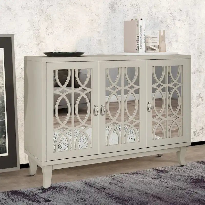Vaisselier moderne noir/champagne/bois naturel avec 3 portes de placard miroir et pieds réglables
