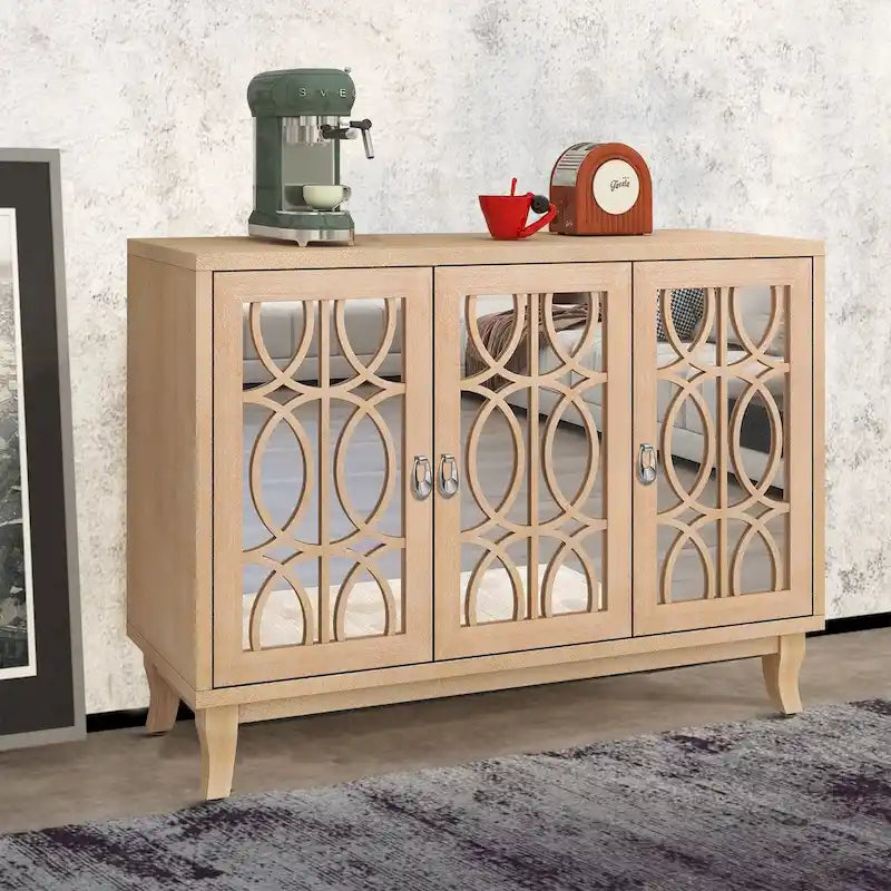 Vaisselier moderne noir/champagne/bois naturel avec 3 portes de placard miroir et pieds réglables