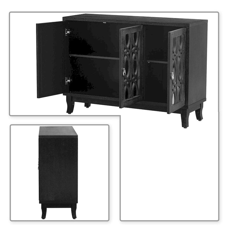 Vaisselier moderne noir/champagne/bois naturel avec 3 portes de placard miroir et pieds réglables