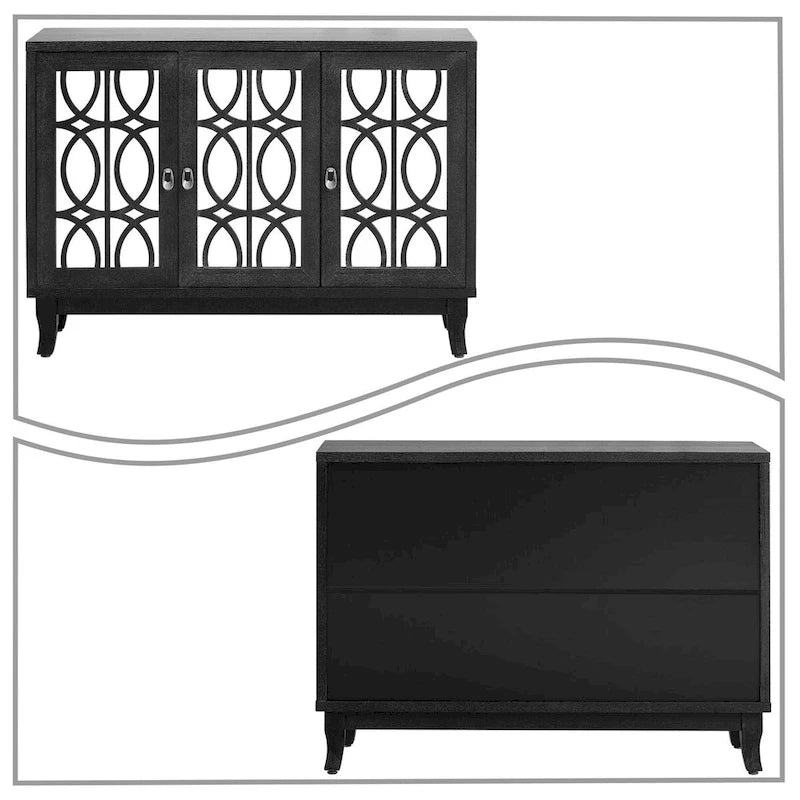 Vaisselier moderne noir/champagne/bois naturel avec 3 portes de placard miroir et pieds réglables