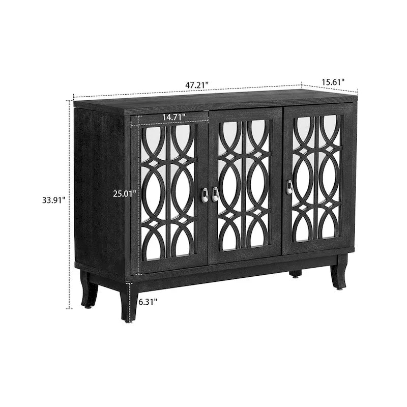Vaisselier moderne noir/champagne/bois naturel avec 3 portes de placard miroir et pieds réglables