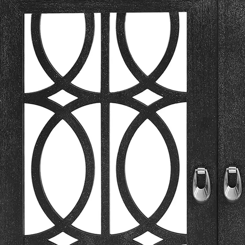 Vaisselier moderne noir/champagne/bois naturel avec 3 portes de placard miroir et pieds réglables