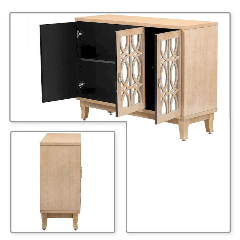 Vaisselier moderne noir/champagne/bois naturel avec 3 portes de placard miroir et pieds réglables