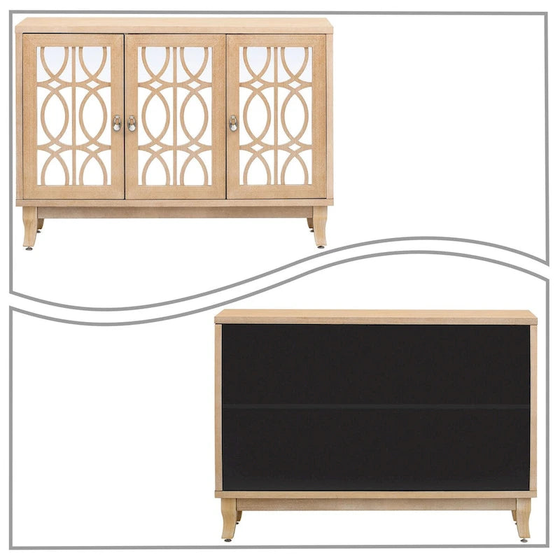 Vaisselier moderne noir/champagne/bois naturel avec 3 portes de placard miroir et pieds réglables