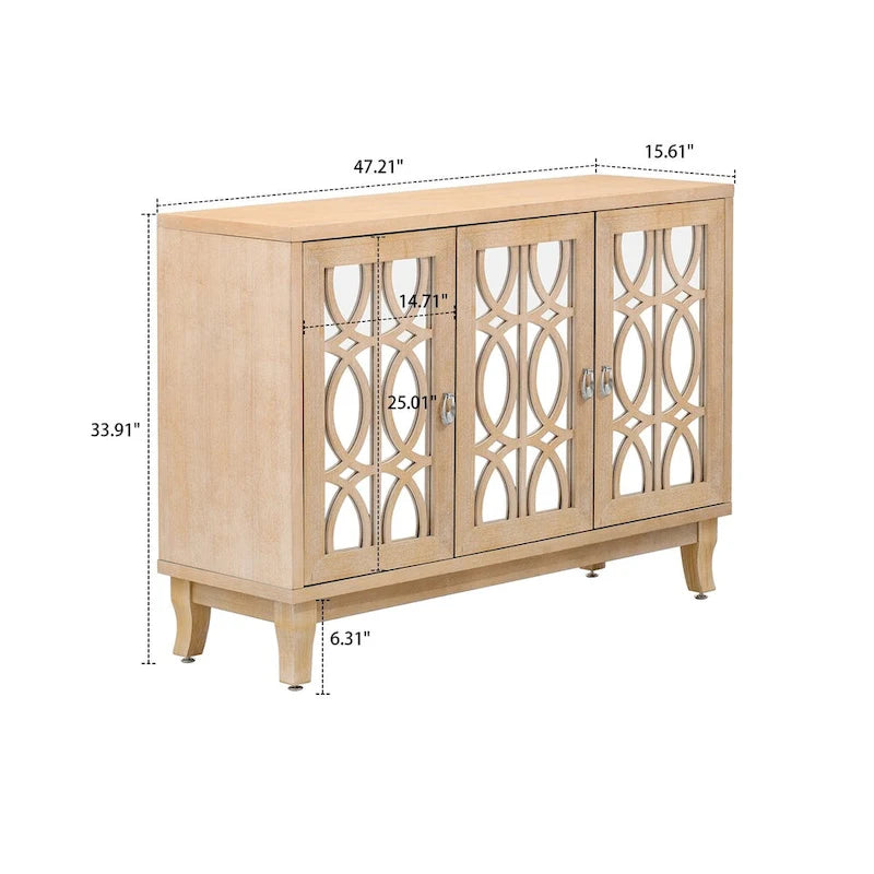 Vaisselier moderne noir/champagne/bois naturel avec 3 portes de placard miroir et pieds réglables