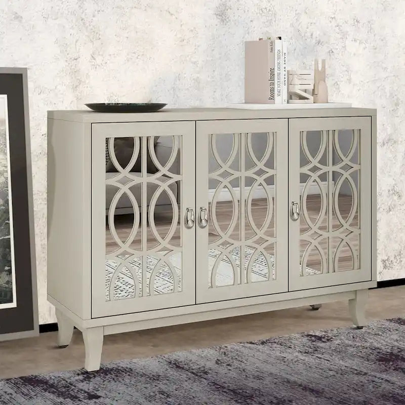 Vaisselier moderne noir/champagne/bois naturel avec 3 portes de placard miroir et pieds réglables