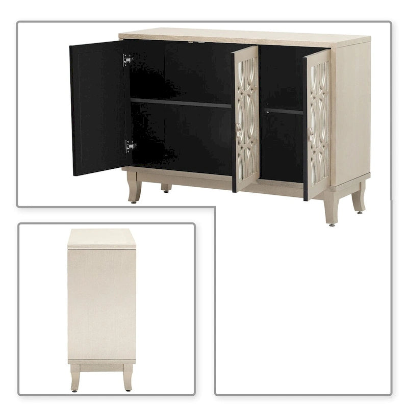 Vaisselier moderne noir/champagne/bois naturel avec 3 portes de placard miroir et pieds réglables