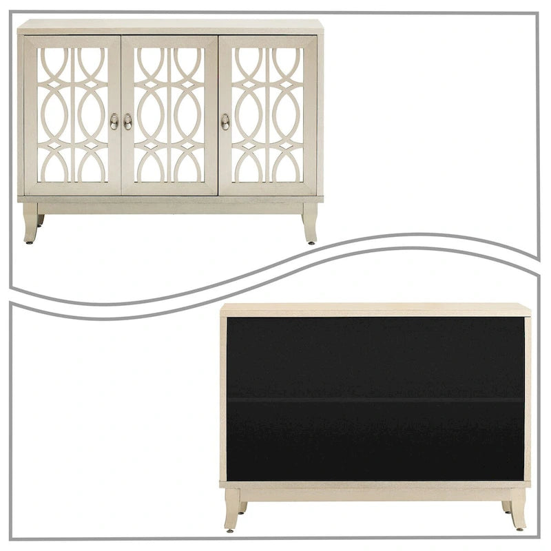 Vaisselier moderne noir/champagne/bois naturel avec 3 portes de placard miroir et pieds réglables