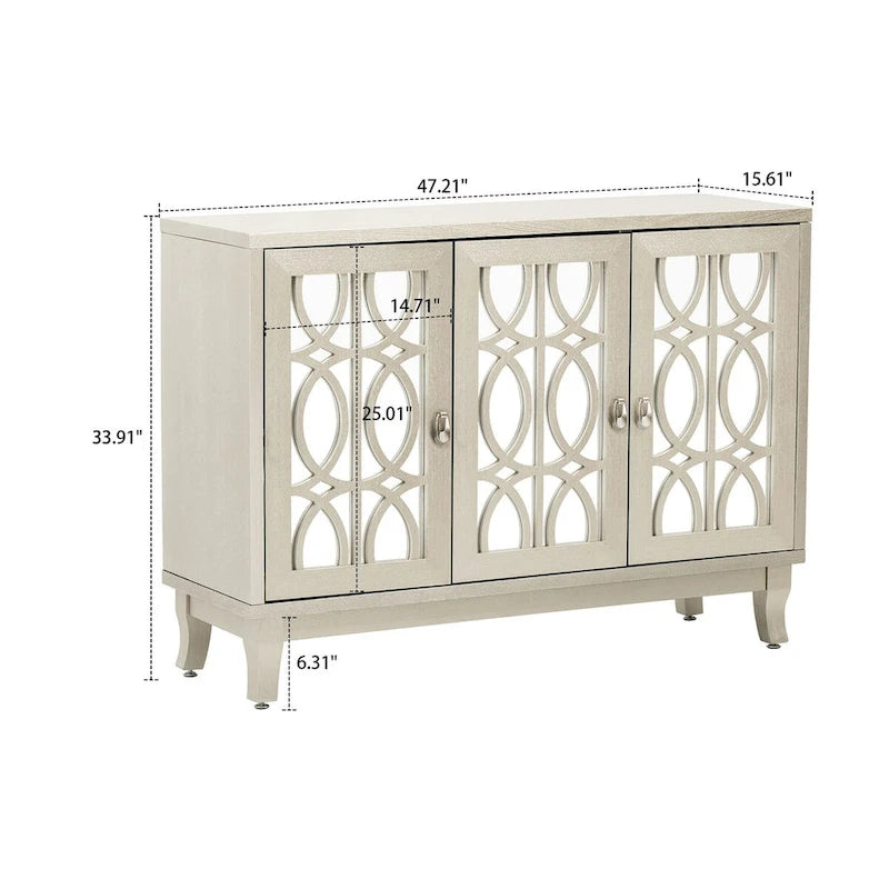 Vaisselier moderne noir/champagne/bois naturel avec 3 portes de placard miroir et pieds réglables