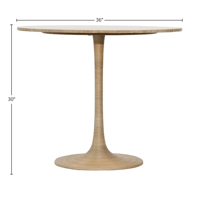 Table de bistrot/salle à manger carrée, plateau en travertin naturel, avec piètement en fer et accents en rotin, pour 2 personnes