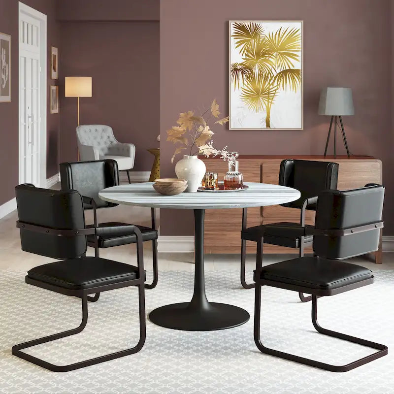 Table à manger moderne plateau marbre gris/noir, piètement acier, pour 4-6 personnes