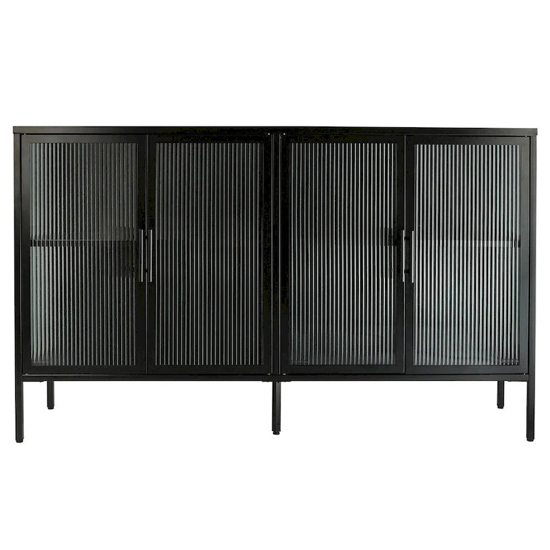 Buffet de rangement 4 portes en acier cannelé vert menthe/bleu/noir et verre trempé avec étagère réglable et dispositif anti-basculement