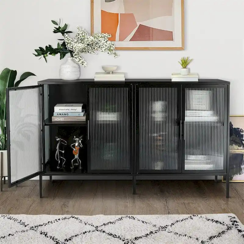 Buffet de rangement 4 portes en acier cannelé vert menthe/bleu/noir et verre trempé avec étagère réglable et dispositif anti-basculement