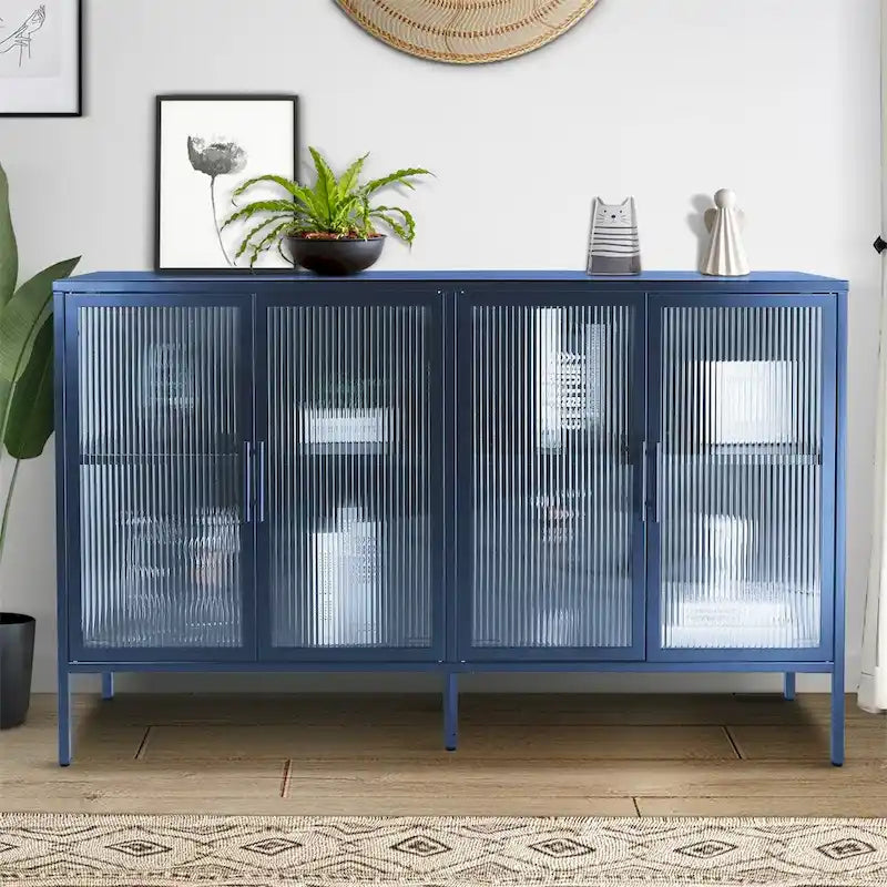 Buffet de rangement 4 portes en acier cannelé vert menthe/bleu/noir et verre trempé avec étagère réglable et dispositif anti-basculement