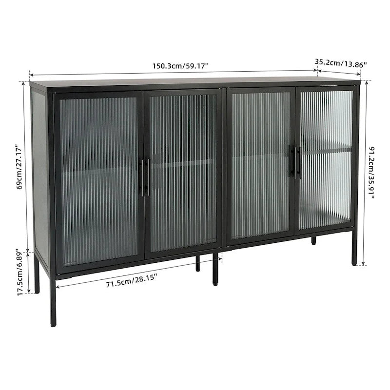 Buffet de rangement 4 portes en acier cannelé vert menthe/bleu/noir et verre trempé avec étagère réglable et dispositif anti-basculement