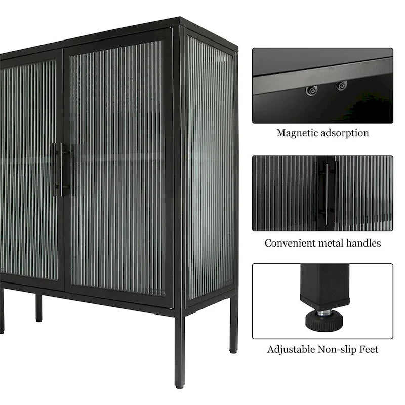 Buffet de rangement 4 portes en acier cannelé vert menthe/bleu/noir et verre trempé avec étagère réglable et dispositif anti-basculement