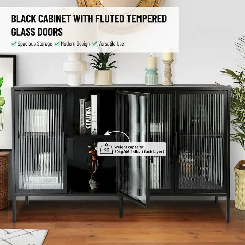 Buffet de rangement 4 portes en acier cannelé vert menthe/bleu/noir et verre trempé avec étagère réglable et dispositif anti-basculement