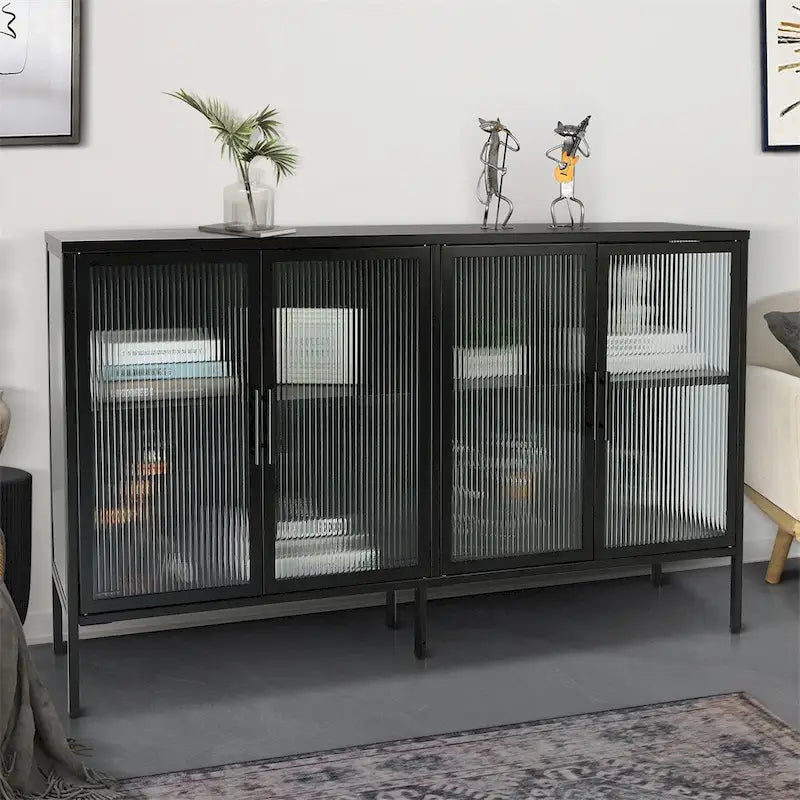 Buffet de rangement 4 portes en acier cannelé vert menthe/bleu/noir et verre trempé avec étagère réglable et dispositif anti-basculement