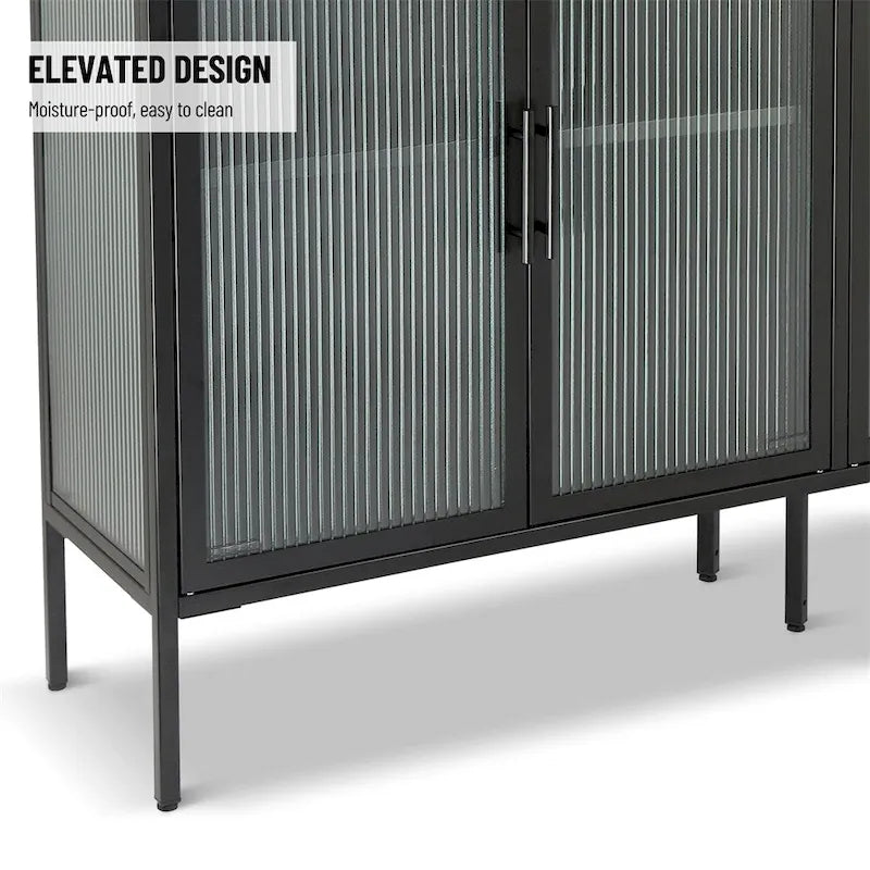 Buffet de rangement 4 portes en acier cannelé vert menthe/bleu/noir et verre trempé avec étagère réglable et dispositif anti-basculement