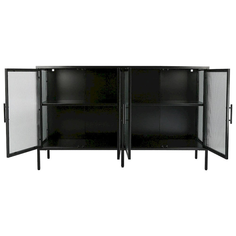 Buffet de rangement 4 portes en acier cannelé vert menthe/bleu/noir et verre trempé avec étagère réglable et dispositif anti-basculement