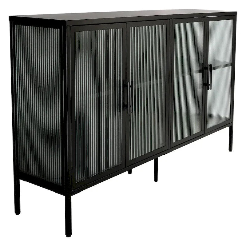 Buffet de rangement 4 portes en acier cannelé vert menthe/bleu/noir et verre trempé avec étagère réglable et dispositif anti-basculement