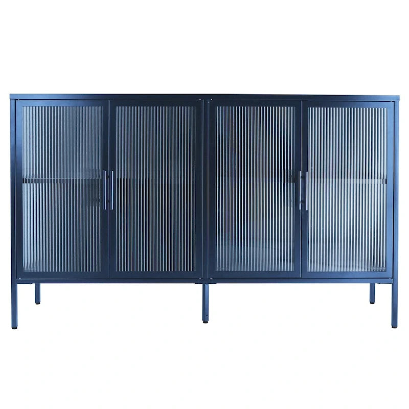 Buffet de rangement 4 portes en acier cannelé vert menthe/bleu/noir et verre trempé avec étagère réglable et dispositif anti-basculement