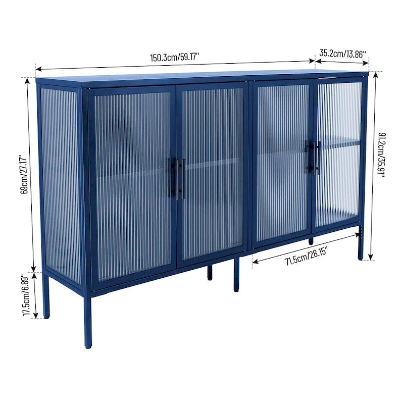 Buffet de rangement 4 portes en acier cannelé vert menthe/bleu/noir et verre trempé avec étagère réglable et dispositif anti-basculement