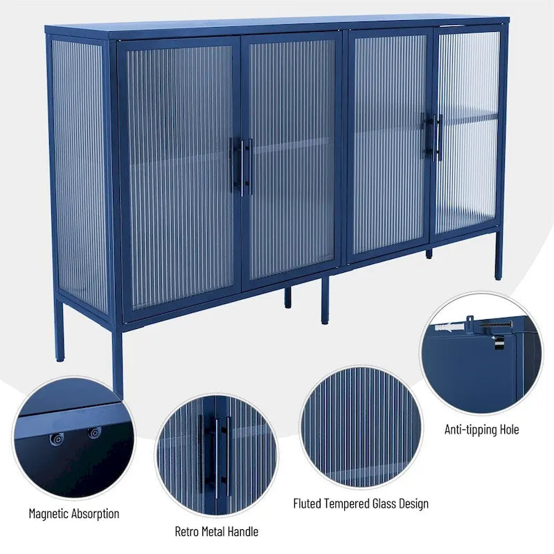 Buffet de rangement 4 portes en acier cannelé vert menthe/bleu/noir et verre trempé avec étagère réglable et dispositif anti-basculement