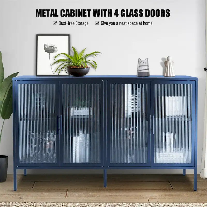Buffet de rangement 4 portes en acier cannelé vert menthe/bleu/noir et verre trempé avec étagère réglable et dispositif anti-basculement