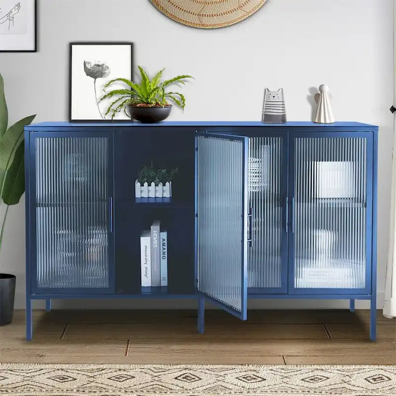 Buffet de rangement 4 portes en acier cannelé vert menthe/bleu/noir et verre trempé avec étagère réglable et dispositif anti-basculement