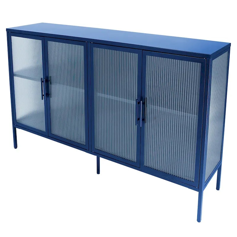 Buffet de rangement 4 portes en acier cannelé vert menthe/bleu/noir et verre trempé avec étagère réglable et dispositif anti-basculement