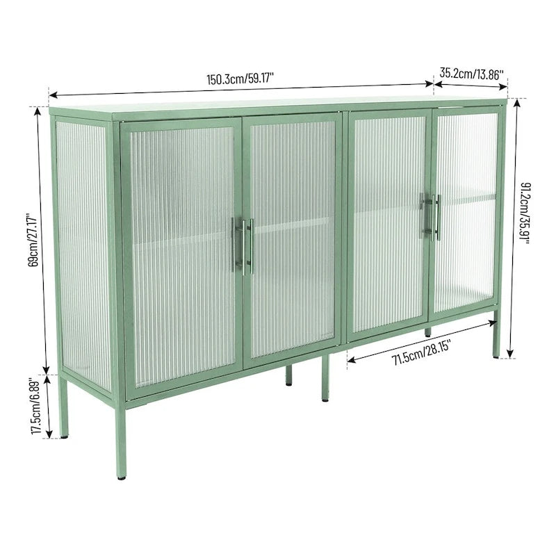Buffet de rangement 4 portes en acier cannelé vert menthe/bleu/noir et verre trempé avec étagère réglable et dispositif anti-basculement