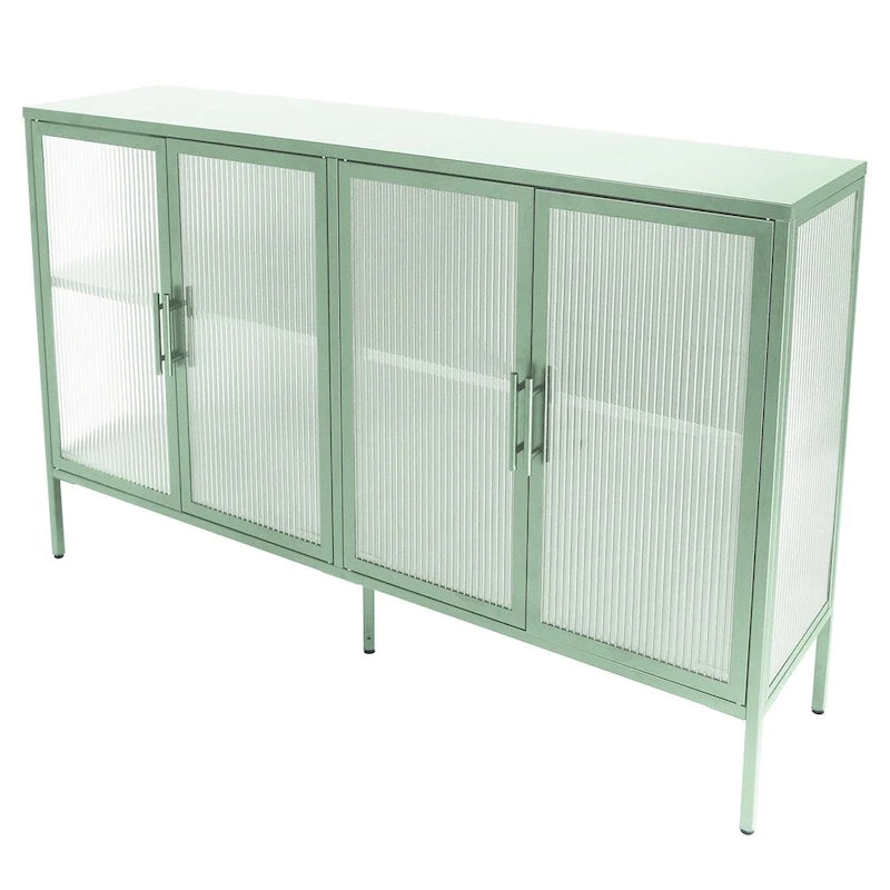 Buffet de rangement 4 portes en acier cannelé vert menthe/bleu/noir et verre trempé avec étagère réglable et dispositif anti-basculement