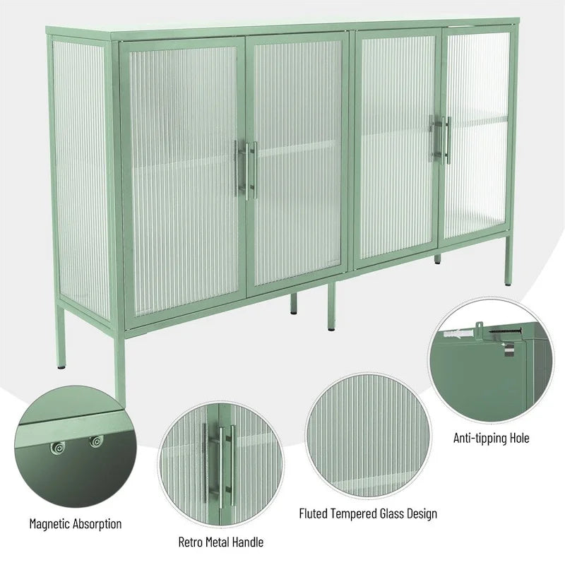 Buffet de rangement 4 portes en acier cannelé vert menthe/bleu/noir et verre trempé avec étagère réglable et dispositif anti-basculement